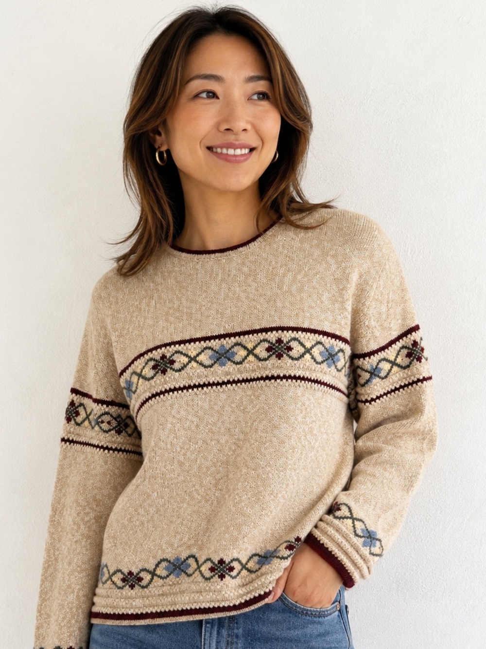Christopher & Banks hand embroidered ramie cottonBeige Fair Isle Crew Sweater XL
